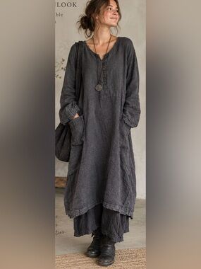 Talia Benson Italy Linen Lagenlook charcoal-Brown Tunic Dress